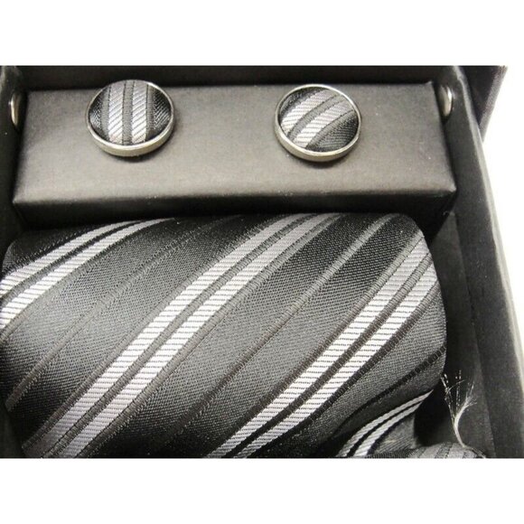 Feraricci Tie, Hanky & Cufflinks Matching Set Silver Tone Wedding Formal Tux IOB - Picture 2 of 7